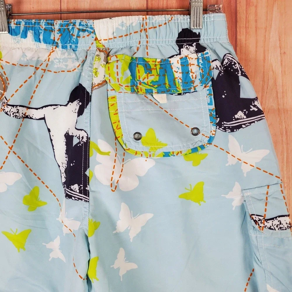 Abercrombie & Fitch Mens Board Shorts Sz Medium Light Blue Graphic Map Y2K
